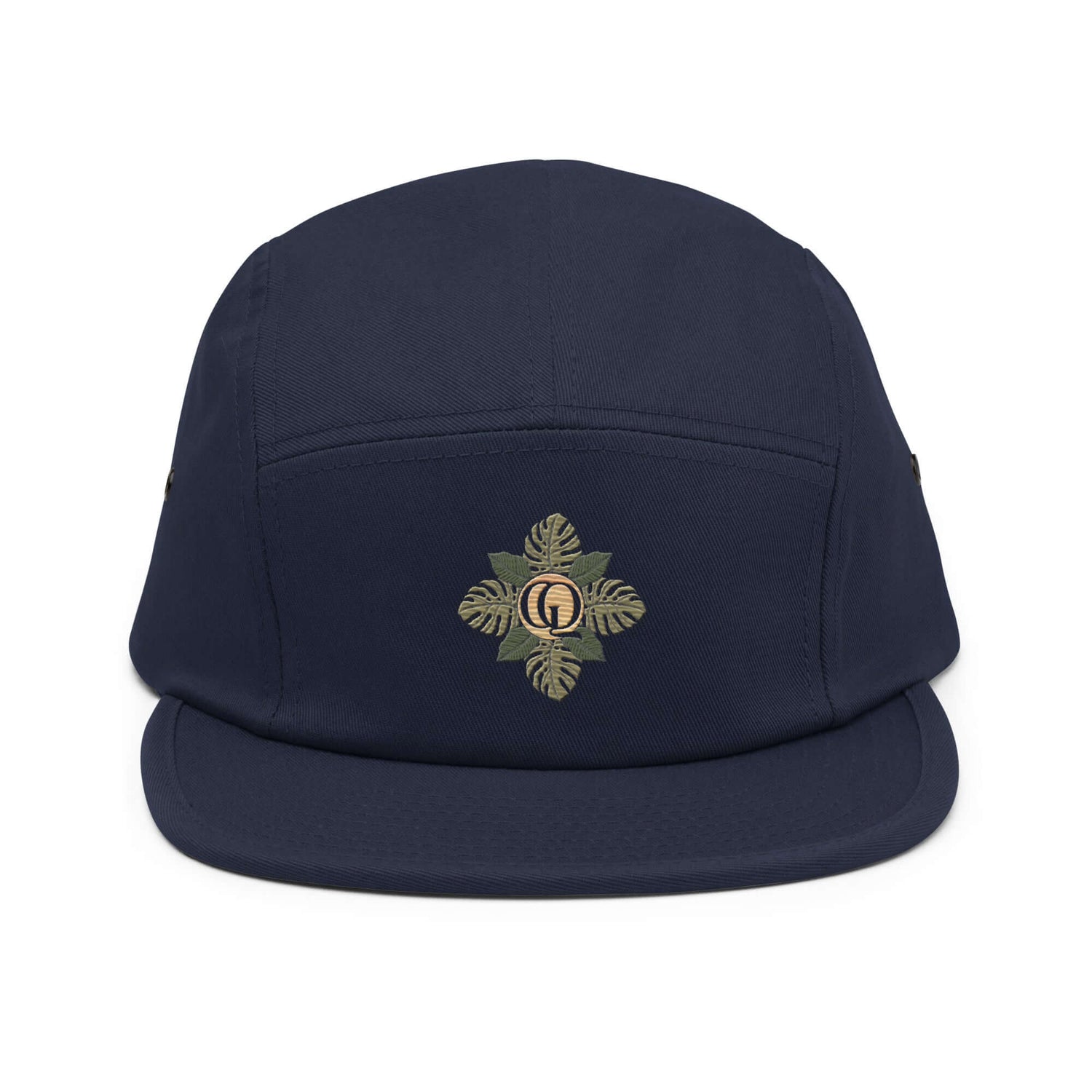 Navy Grow Queen five panel cap with embroidered design, low profile, soft-structured, nylon strap clip closure.