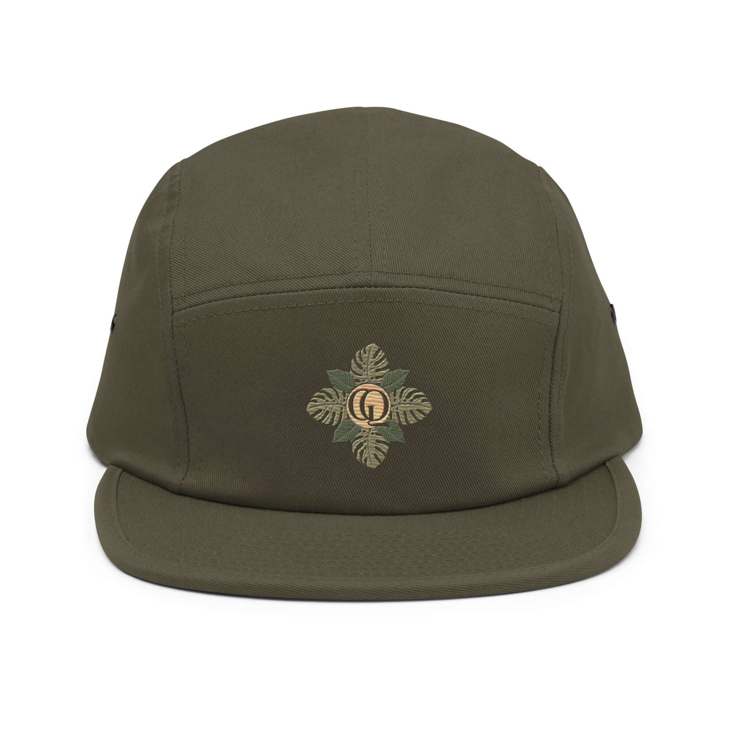 Olive Grow Queen five panel cap with embroidered leaf design, nylon strap clip closure, low profile, and metal eyelets for style and comfort.