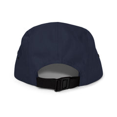 Back view of navy Grow Queen five panel cap with nylon strap clip closure.