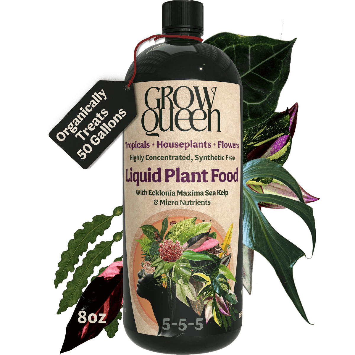 Organic 5-5-5 Liquid Plant Food bottle with Ecklonia Maxima Sea Kelp and micro nutrients, treats 50 gallons for plant growth.