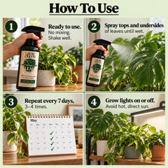 How to use Leaf Knight: shake well, spray tops and undersides of leaves, repeat every 7 days, grow lights on or off